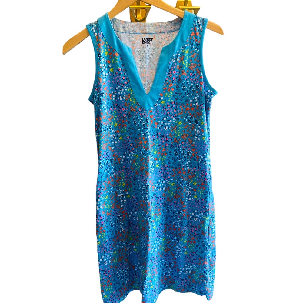 ⭐️ Lands’ End Blue Notch Neckline Floral Jersey Knit Dress - Picture 2 of 6